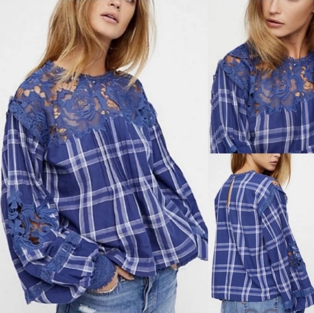 Free People Darling Diana Plaid Lace Top X-smapp